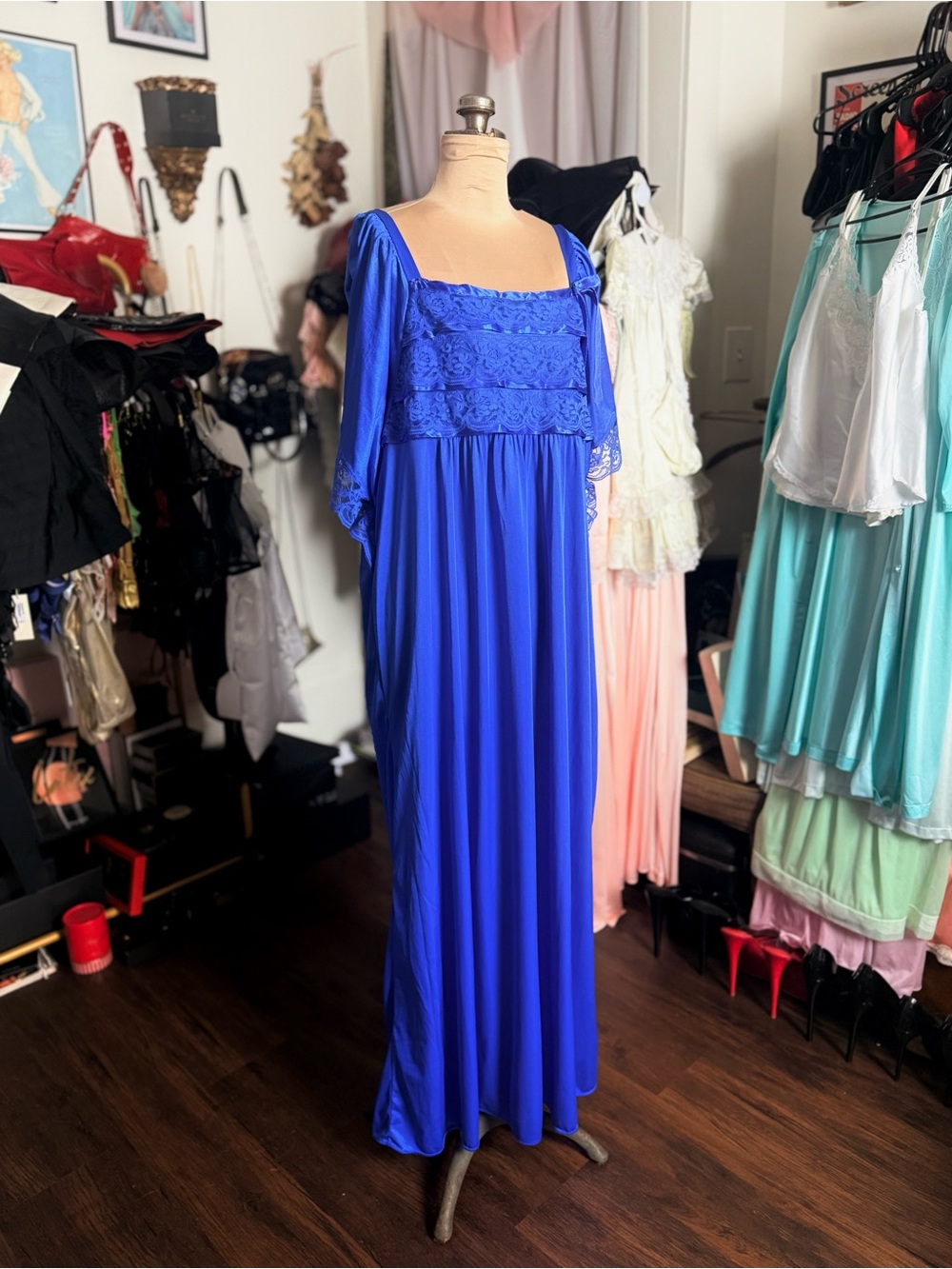 Vintage 1970s Elegant Royal Blue Lace-Trim Maxi Night Gown Plus Size